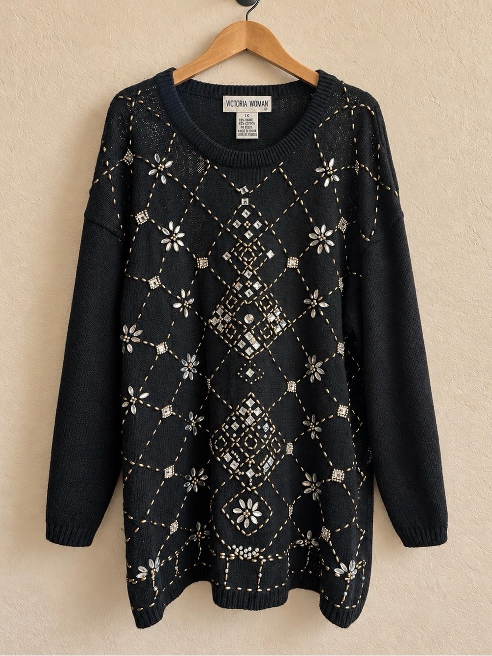 Vintage Victoria Woman 1X Black Rhinestone Beaded Sweater